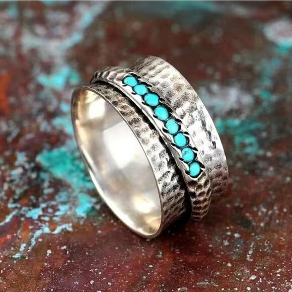 Boho Style Wide Ring Hammered Inlaid Turquoise Rotatable Design For Releasing - Picture 3 of 8